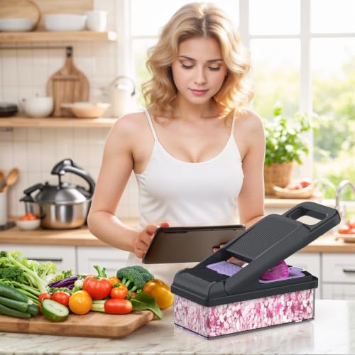 15-in-1 Vegetable Chopper 10 Blades, Veggie Cutter with Handle, Black/Purple