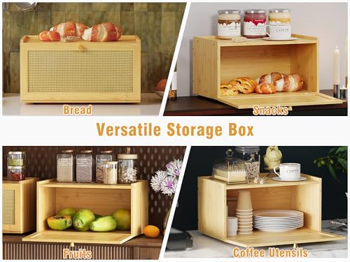 Rattan Bamboo Bread Box for Kitchen Counter Large Capacity Bread Storage Bin Farmhouse Bread Storage Container Rustic Bread Holder