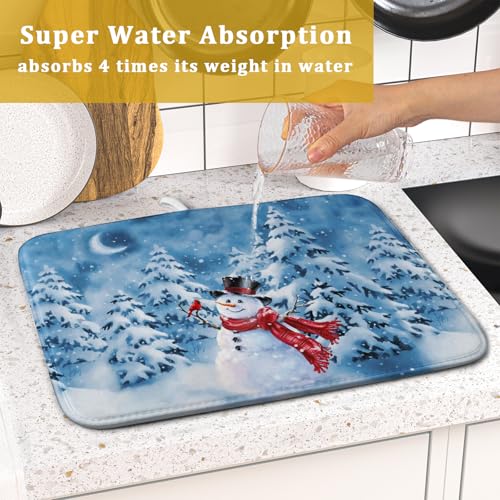 Blue Snowman Dish Drying Mat Winter Pine Tree Drainer Rack Mats 16x18 Inch Absorbent Fast Dry Dish Pad Protector Kitchen Counter Accessories