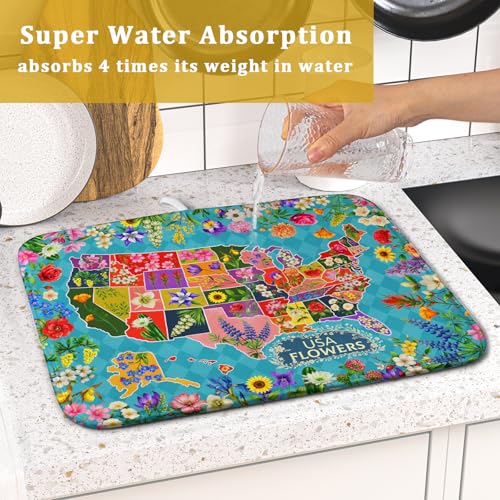 Flower Map Dish Drying Mat American Floral Decoration Coffee Mat for Kitchen Counter