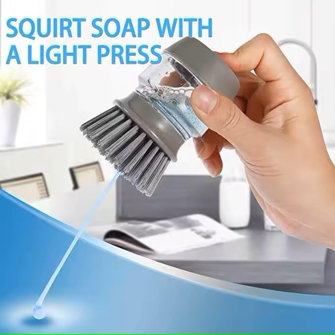 Soap Dispenser Palm Dish Brush with Storage Bracket – Drainage Base, Easy-to-Clean Kitchen Utensil Cleaner | Includes Extra Soft Bristle Brush (Gray&Green)