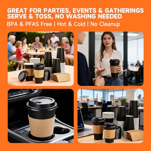 100 Pack 12 oz Disposable Coffee Cups with Lids and Sleeves (100 Count)