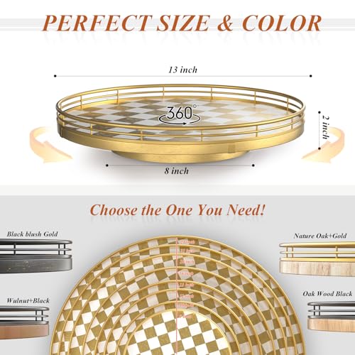 13 Inch Gold and White Checkerboard Lazy Susan with Rubberwood Base