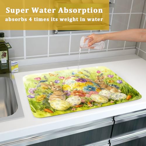 Easter Egg Dish Drying Mat 18x24 Inch Bunny Floral Green Drying Pad for Kitchen Counter Washable