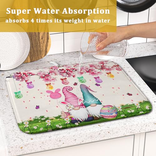 Easter Gnome Dish Drying Mat Floral Eggs Bunny Kitchen Drainer Mat 16x18 inch Absorbent Holiday Fast Dry Pad Protector for Counter Tabletop