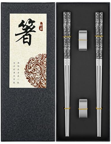 Metal Reusable Chopsticks 2 Pairs Titanium Plated Stainless Steel Chopsticks with Holder