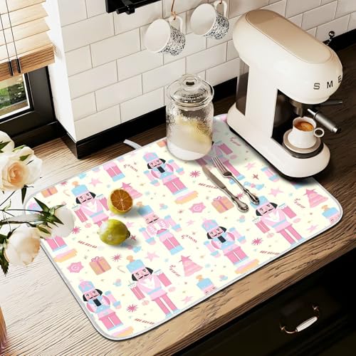 Pink Nutcracker Christmas Dish Drying Mat for Kitchen Counter Absorbent Microfiber Small Drying Pad Dish mats for Kitchen Countertops 16 x 18 Inch