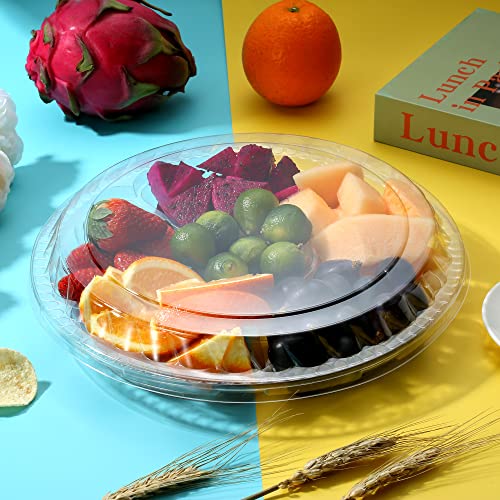 12 Pack Round Plastic Veggie Tray with Lid Fruit Tray 6 Divided Compartment Container Food Serving Dip Platter Reusable Catering Trays for Veggie Fruit Snack Party and Buffet Trays(Clear (12 Count)
