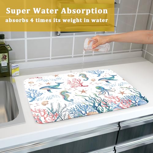 Coastal Ocean Dish Drying Mat Seahorse Whales Drainer Rack Mats 18"x24" Absorbent Microfiber Dish Drying Pad Protector for Kitchen Counter
