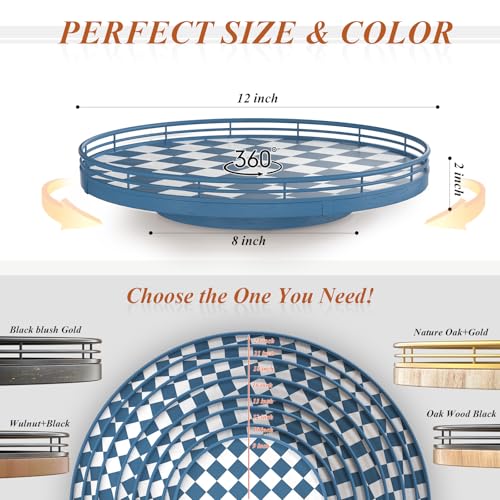Blue and White Checkerboard Lazy Susan with Rubberwood Base and Metal Rail