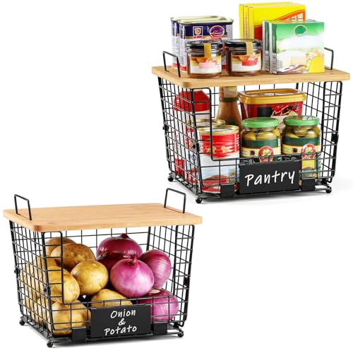 2 Set Large Stackable Wire Basket with Bamboo Tops & Tag (2 Count)