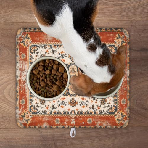 Ethnic Boho Dish Drying Mat Rust Coral Floral Decorative Dishes Pad 16x18 Inch Absorbent Fast Dry Drainer Rack Mats for Kitchen Countertop