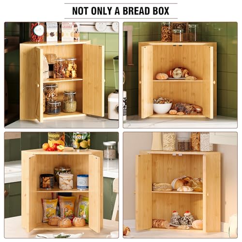 Corner Bread Box for Kitchen Counter Double Layer Bamboo Bread Storage Container Large Capacity Bread Storage Bin Farmhouse Breadbox Organizer