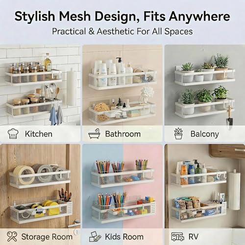 5-in-1 16.5" Extra Long Slim Wall Mount Wrapped Mesh Kitchen Organizer & Shower Caddy Kit, with Paper Towel Holder, Utensil Holder, Soap Dish, Holds 50LBS - White, Netting