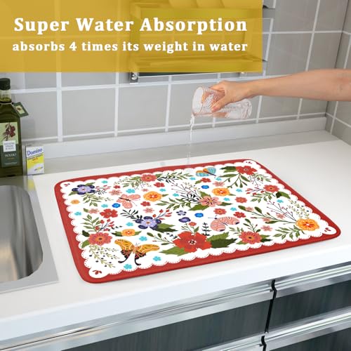 Large Microfiber Dish Drying Mat Red Floral Absorbent Drying Pad for Kitchen Counter