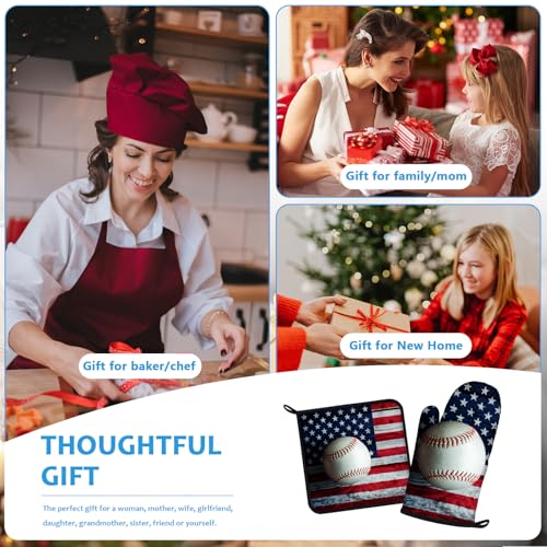 American Flag Baseball Oven Mitts and Pot Holders Sets Heat Resistant 4Pcs Potholders Oven Gloves Hot Pads for Kitchen Baking Cooking Grilling BBQ (4 Count)