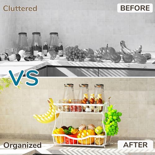 Large 2 Tier Fruit Basket for Kitchen Counter with 2 Banana Hangers (2 Count)