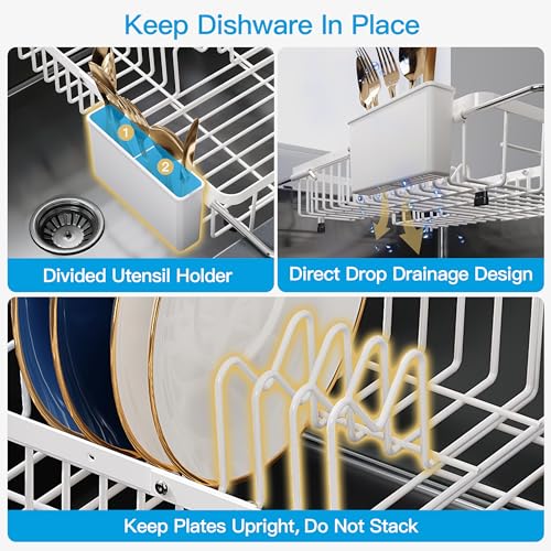 White Dish Drying Rack Over the Sink with Utensil Holder