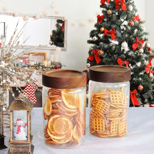 Airtight Glass Jars with Wooden Lid Glass Spice Jar Round Glass Storage Canister for Pantry Sugar Tea Coffee Bean Nuts Cookies Bath Salts