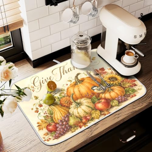 Thanksgiving Dish Drying Mat for Kitchen Counter Absorbent Microfiber Small Drying Pad Fall Autumn Harvest Pumpkin Dish Mats for Kitchen Countertops 16 x 18 Inch