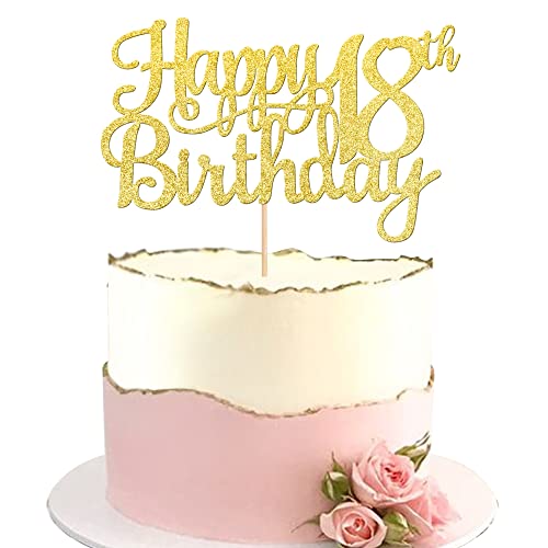 1 PCS Happy 18th Birthday Cake Topper Gold Glitter Cheers to 18 Years Birthday Cake Pick 18 Fabulous Cake Decoration for Happy 18th Birthday Theme Party Decorations Supplies