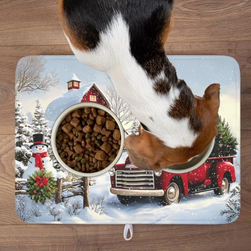 Red Truck Dish Drying Mat Winter Xmas Tree Drainer Rack Pad 18"x24" Microfiber Absorbent Quick Dry Dish Sink Mat for Table Kitchen Counter
