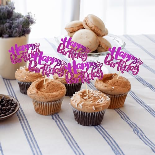 24Pcs Happy Birthday Cupcake Toppers Double Layer Glitter Happy Birthday Cake Decorations for Celebrating Baby Shower Theme Kids Boys Girls Anniversary Party Decorations Supplies Purple (24 Count)