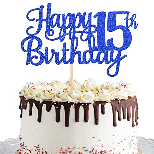 1 PCS Happy 15th Birthday Cake Topper Glitter Cheers to 15 Years Birthday Cake Pick Mis Quince 15 Fabulous Cake Decoration for Happy 15th Birthday Theme Party Decorations Supplies Blue