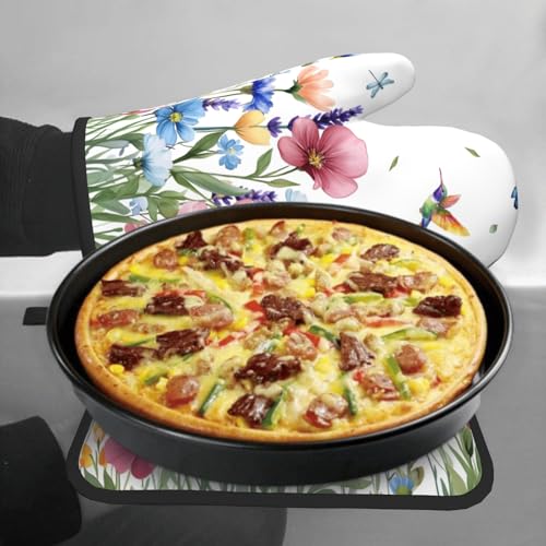 Spring Floral Oven Mitts and Pot Holder 2Pcs Hummingbird Flower Heat Resistant Kitchen Glove Washable Potholder for Baking Cooking Grilling