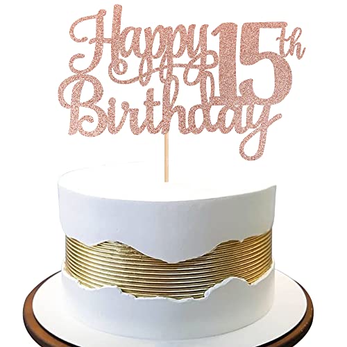 1 PCS Happy 15th Birthday Cake Topper Glitter Cheers to 15 Years Birthday Cake Pick Mis Quince 15 Fabulous Cake Decoration for Happy 15th Birthday Theme Party Decorations Supplies Rose Gold