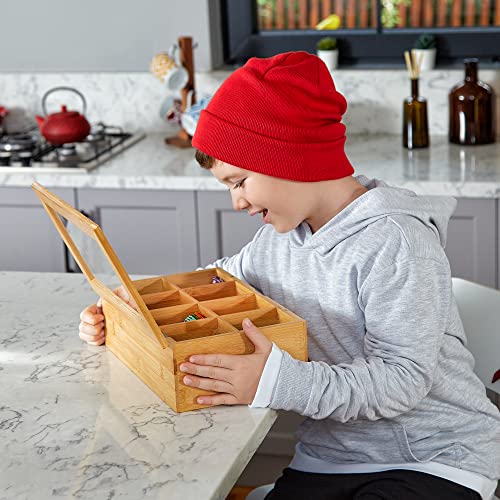 Big Natural Bamboo Tea Storage Organizer with Clear Acrylic Top Window