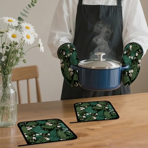 Herbal Fern Flowers Oven Mitts and Pot Holders Set (4 Count)