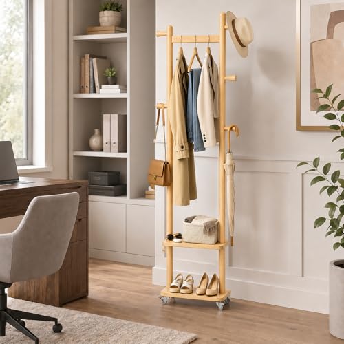 Small Clothes Rack Solid Wood Coat Rack Freestanding with Wheels