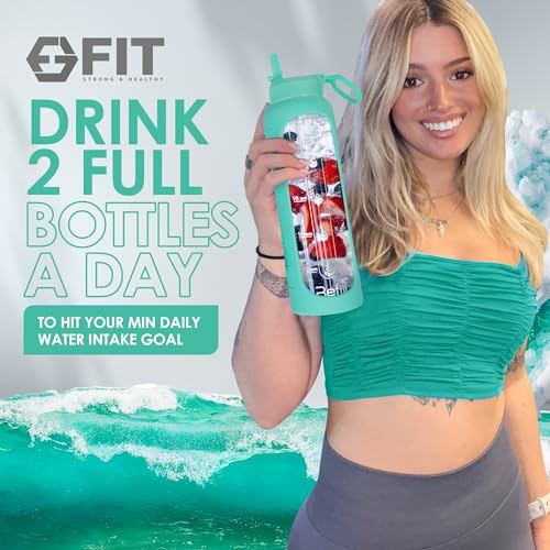 32 oz Glass Water Bottles with Straw Lid & Time Marker