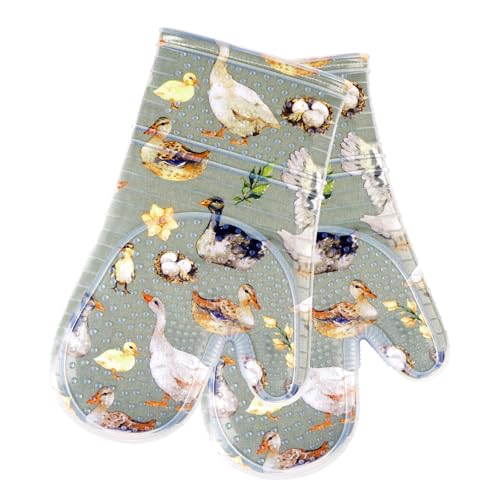 Oven Mitts with Transparent Clear Silicone Shell and Nice Duck Printing (2 Count)