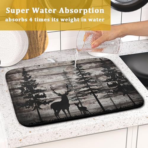 Forest Deer Dish Drying Mat Wildlife Animal Decorative Microfiber Dishes Pad 16x18 Inch Absorbent Reversible Kitchen Counter Drainer Mats
