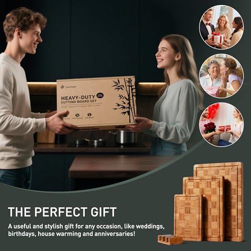 3 Pack Heavy Duty Bamboo Cutting Board Set Non Toxic Wooden Cutting Board for Kitchen Non Slip Solid End Grain Thick Wood Juice Groove Chopping Board Extra Large Butcher Block Best House Warming Gift (3 Count)