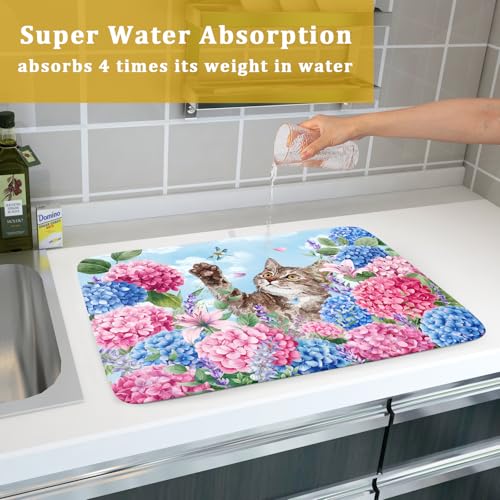 Cute Dish Drying Mats for Kitchen Counter Large 18 X 24 In(Spring Cat Blue)