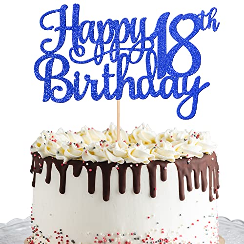 1 PCS Happy 18th Birthday Cake Topper Glitter Cheers to 18 Years Birthday Cake Pick 18 Fabulous Cake Decoration for Happy 18th Birthday Theme Party Decorations Supplies Blue