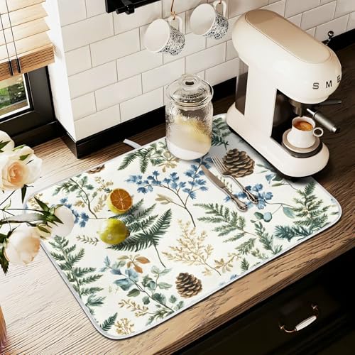 Vintage Herbs Fern Leaves Floral Plant02 Dish Drying Mat for Kitchen Counter Absorbent Microfiber Large Drying Pad Dish Mats for Kitchen Countertops 18 x 24 Inch