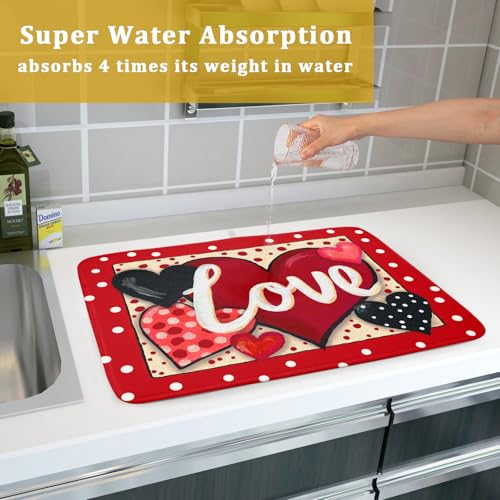 Love Heart Dish Drying Mat 18"x24" Red Dots Microfiber Dish Rack Mat Holiday Absorbent Fast Dry Draining Pad for Kitchen Counter Bar Sinks