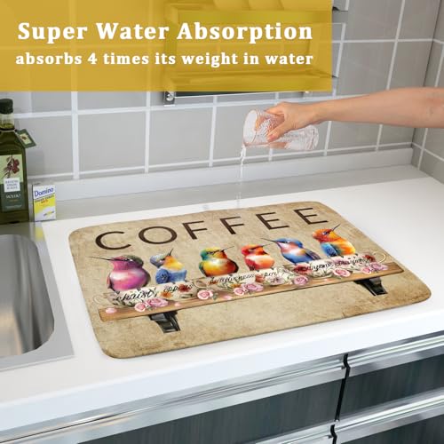 Retro Birds Dish Drying Mat Cups Coffee Mat for Counter Home Coffee Bar Decor Large