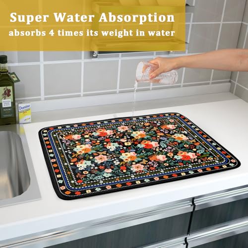Floral Microfiber Dish Drying Mat Large Absorbent Dish Drainer Rack Pad for Kitchen Counter