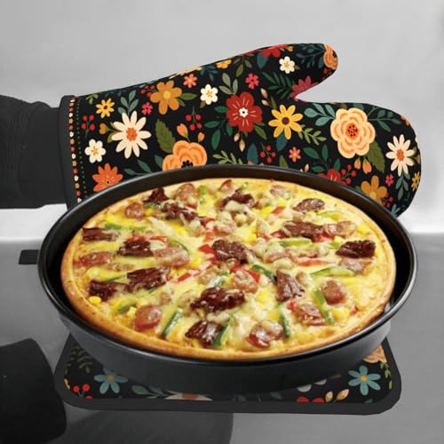Boho Floral Oven Mitts and Pot Holder Set of 2 Colorful Flower Heat Resistant Hot Pads Non Slip Washable for Kitchen Cooking Grilling BBQ