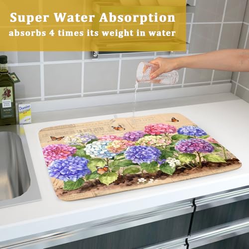 Vintage Flowers Dish Drying Mat Large 24 X18 Hydrangea Microfiber Drying Matt Kitchen Counter