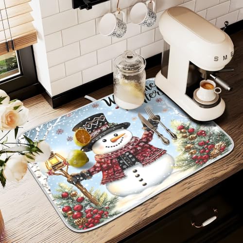 Winter Snowman Christmas Dish Drying Mat for Kitchen Counter Absorbent Microfiber Small Drying Pad Dish mats for Kitchen Countertops 16 x 18 Inch