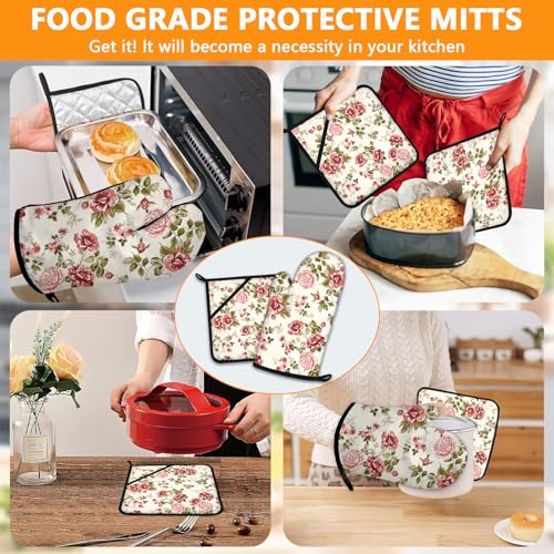 Red Rose Oven Mitts and Pot Holders Sets 4Pcs