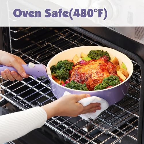 17 Piece Ceramic Detachable Handle Pots and Pans Set Purple