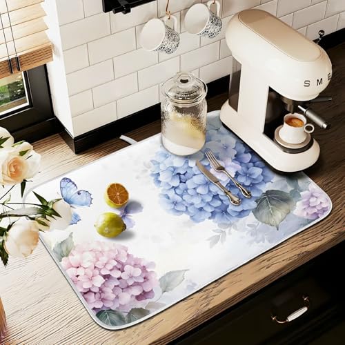 Blue Pink Hydrangea Spring Floral Dish Drying Mat for Kitchen Counter Absorbent Microfiber Small Drying Pad Dish Mats for Kitchen Countertops 16 x 18 Inch