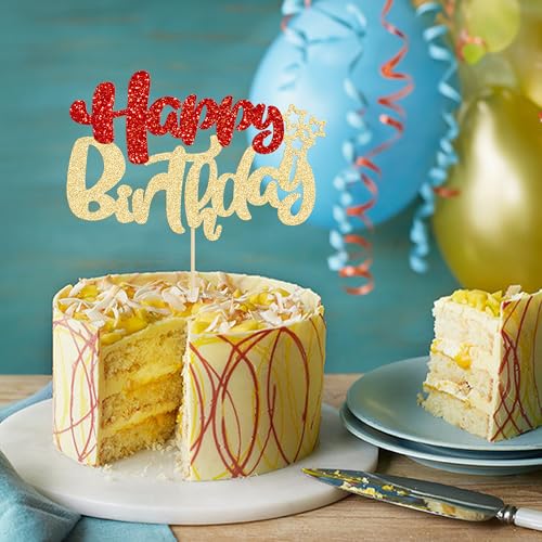 1Pcs Happy Birthday Cake Topper Glitter Happy Birthday Cake Pick for Christmas Theme Baby Shower Anniversary Party Decorations Supplies Red Gold
